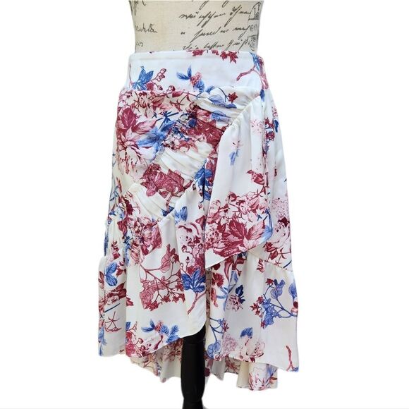 MISA Los Angeles Luz Floral High Low Skirt Size Small White Pink Ruffle‎ Viscose - Picture 2 of 9